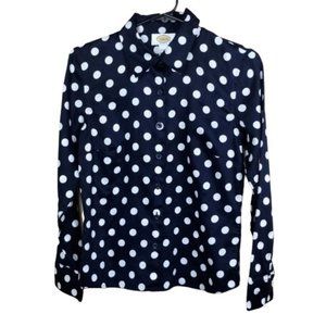 Talbots Petites Women Royal Blue & White Polka Dots Button Down Long Sleeve Sz 6